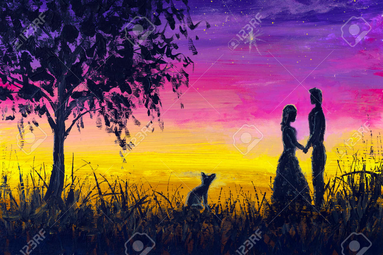 夕日と秋桜」 手描き 油絵 風景画 原画 ゆす